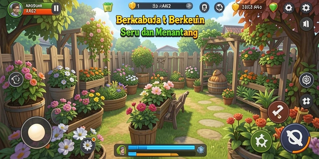 Screenshot gameplay AA62 menampilkan ladang yang subur dan hewan ternak yang bahagia.