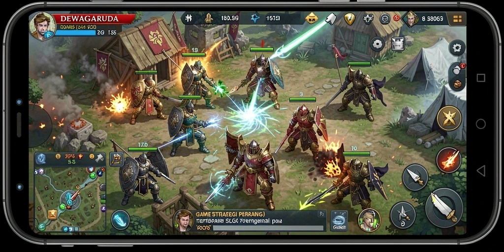 Screenshot gameplay DEWAGARUDA menampilkan pertarungan epik di medan perang.