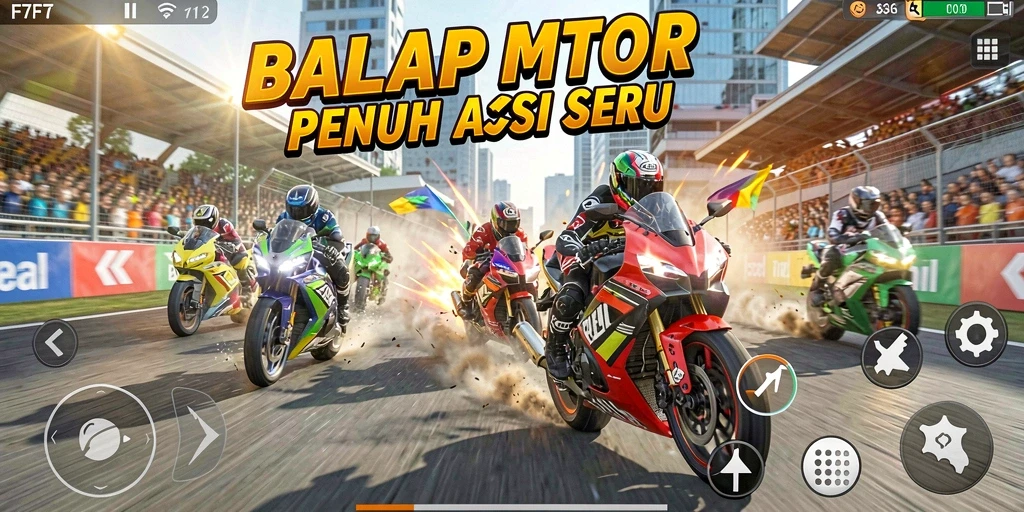 Screenshot F7F7 yang menunjukkan aksi balap motor yang mendebarkan.