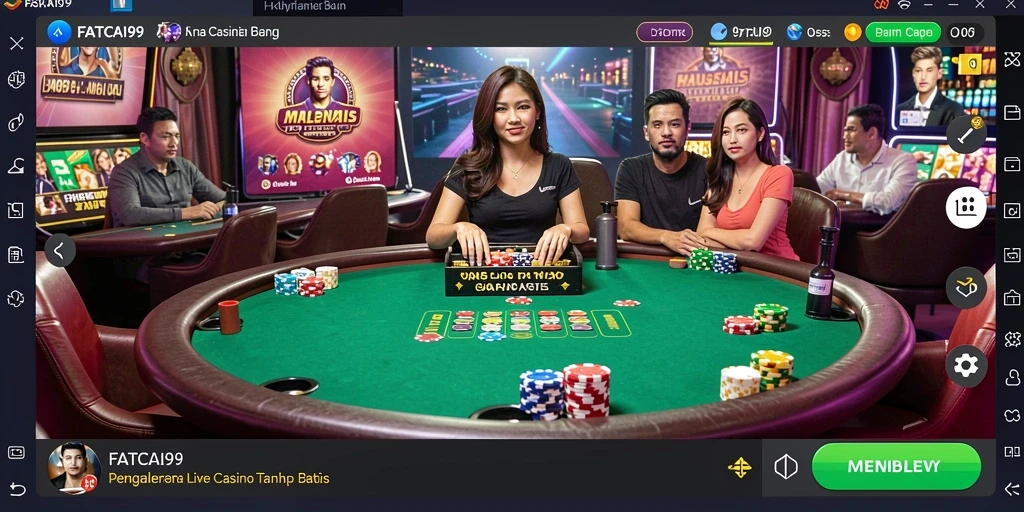 Screenshot gameplay Live Casino FATCAI99 menampilkan dealer dan pemain dalam aksi.