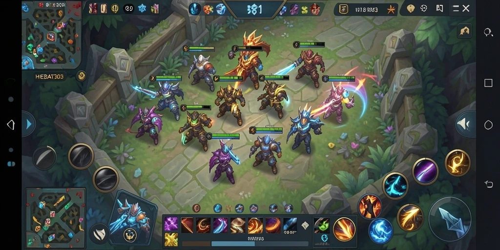 Tampilan layar permainan HEBAT303 dengan aksi MOBA yang intens.