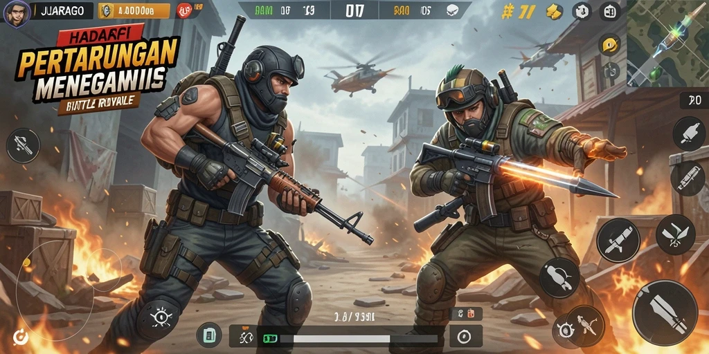 Tampilan gameplay JUARAGO dalam pertempuran Battle Royale yang seru.