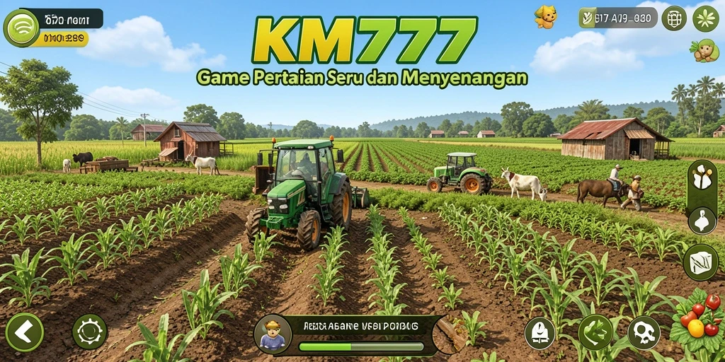 Tampilan gameplay KM777 dengan ladang dan hewan ternak yang indah.