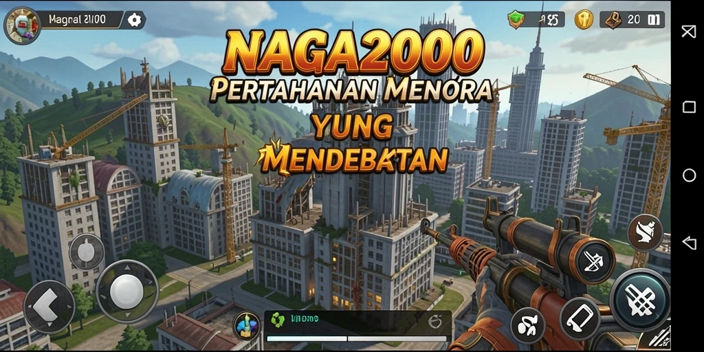 Tangkapan layar utama NAGA2000 menampilkan aksi strategis menara pertahanan.