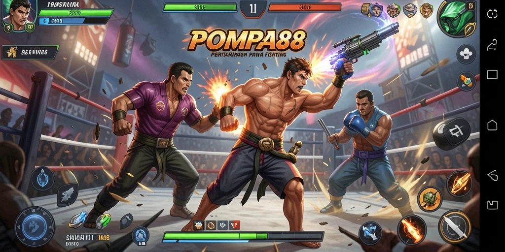 Screenshot POMPA88 menampilkan duel seru antar karakter dalam arena