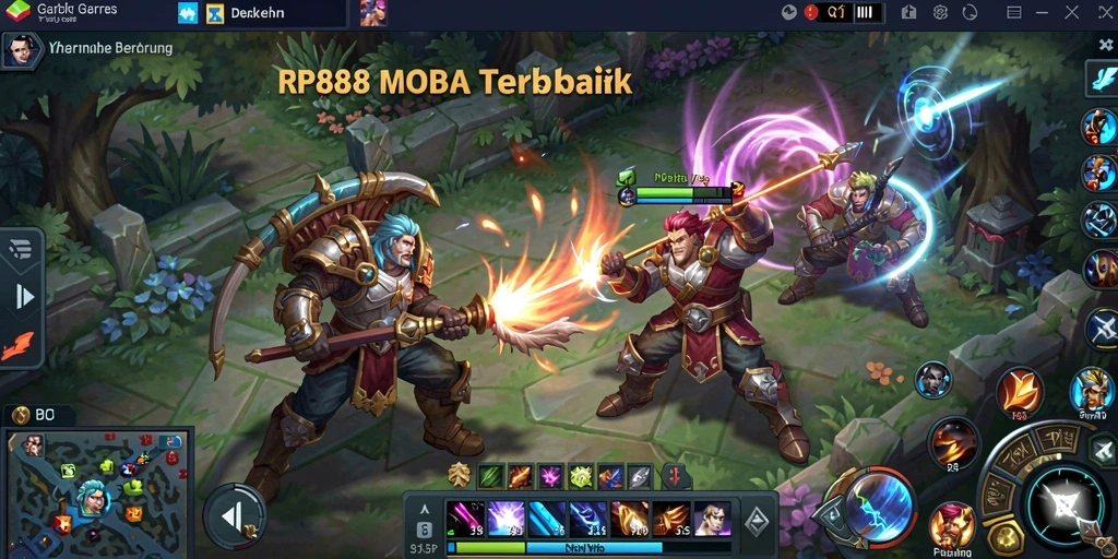 Tangkapan layar RP888 menampilkan aksi seru dalam pertarungan MOBA.