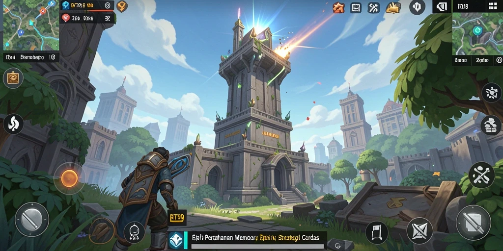Screenshot RT99 menunjukkan pertarungan menara melawan gelombang musuh yang beragam.