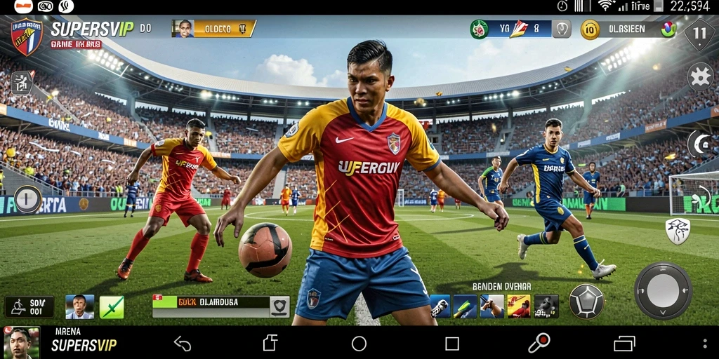 Tampilan gameplay seru dari SUPERSVIP yang menggambarkan pertandingan olahraga.