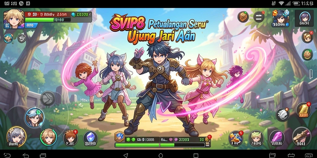 Screenshot utama SVIP8 menampilkan pertarungan karakter anime yang seru.